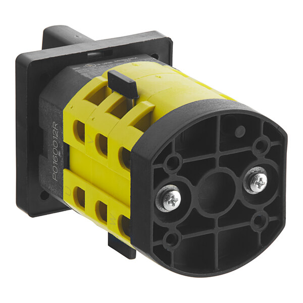 A black and yellow Estella rotary cam switch with electrical connectors.