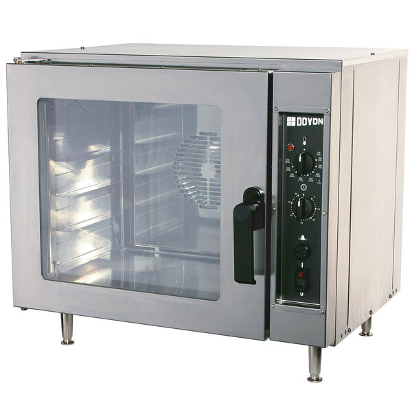 A stainless steel NU-VU countertop convection oven with a glass door.