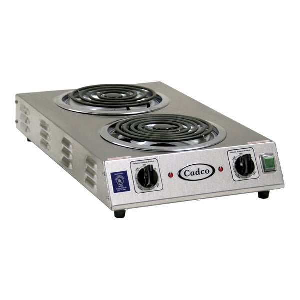 Cadco CDR-2TFB Double Burner Stainless Steel Portable Electric Front-to-Back Hot Plate with 8" Tubular Elements - 3,000W, 220V