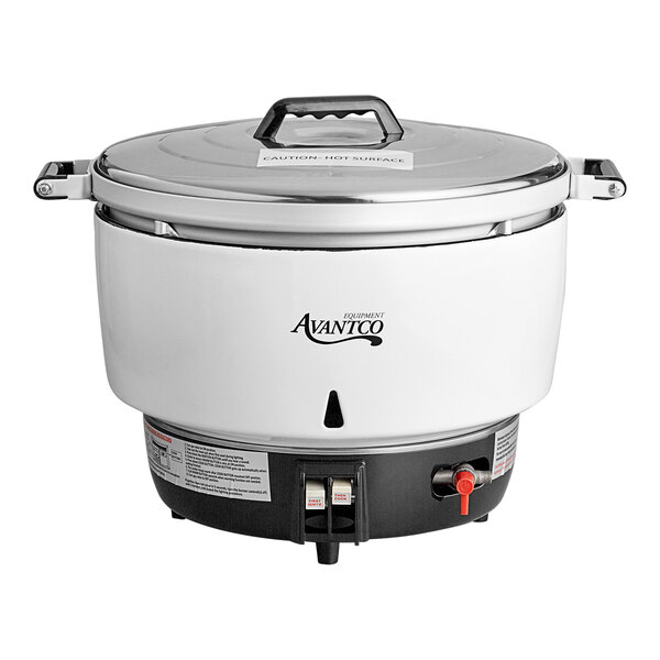A large Avantco natural gas rice cooker and warmer with a stainless steel lid and control panel.