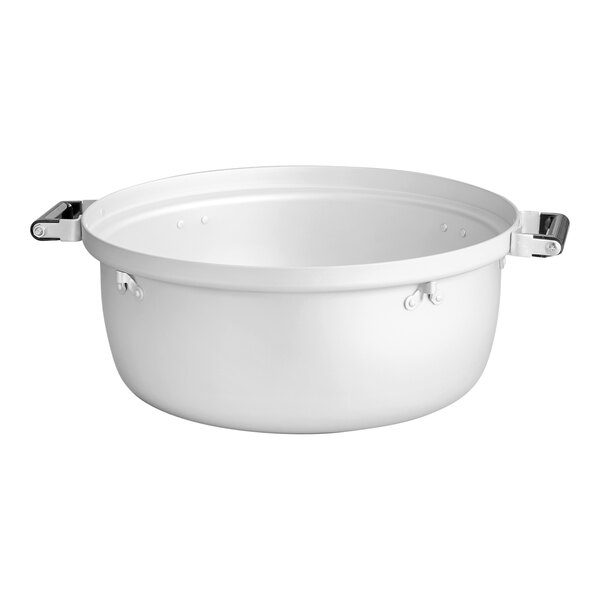 A large white natural gas rice cooker and warmer with metal side handles.