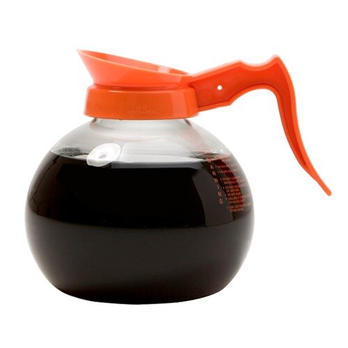A Curtis decaf coffee decanter with a stainless steel base, white imprint, and orange handle.