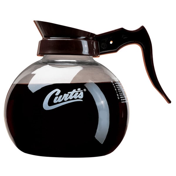 A Curtis glass coffee decanter with brown handle and white Curtis logo.