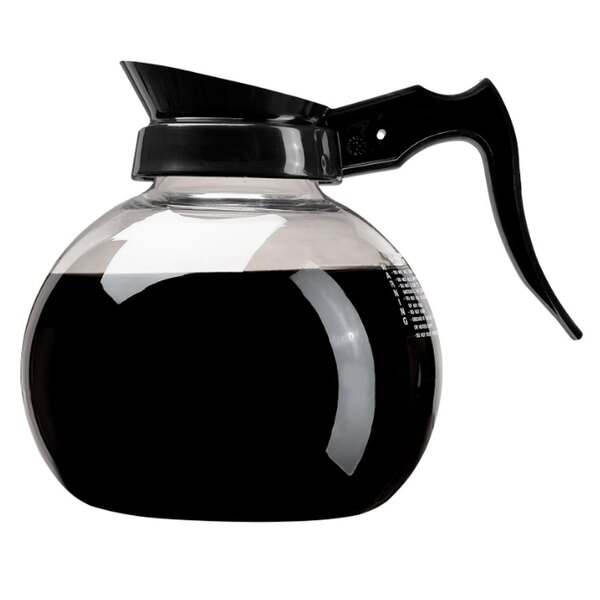 A Curtis glass coffee decanter with a black handle and white imprint on a stainless steel base.