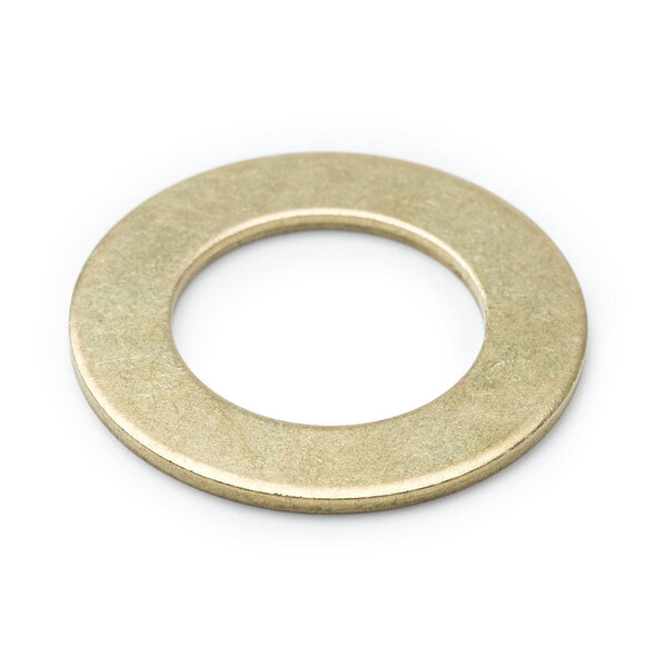 A close-up of a brass washer with a white background.