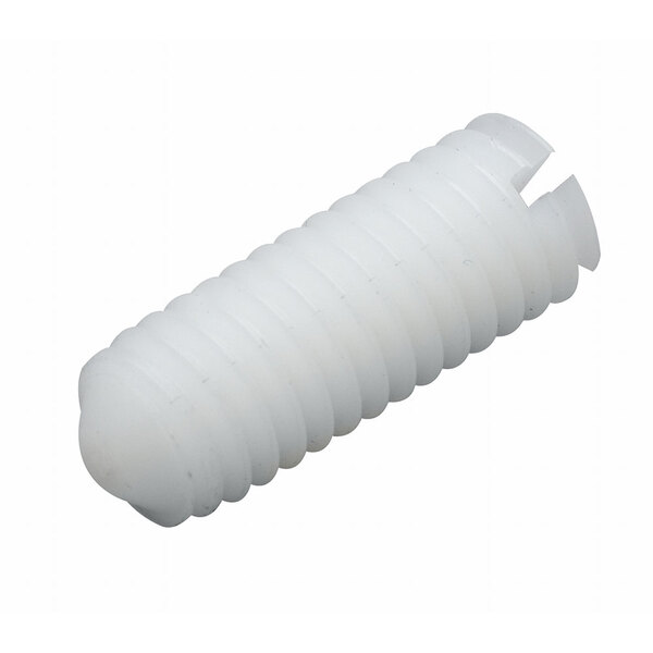 A white plastic screw with a screw head.