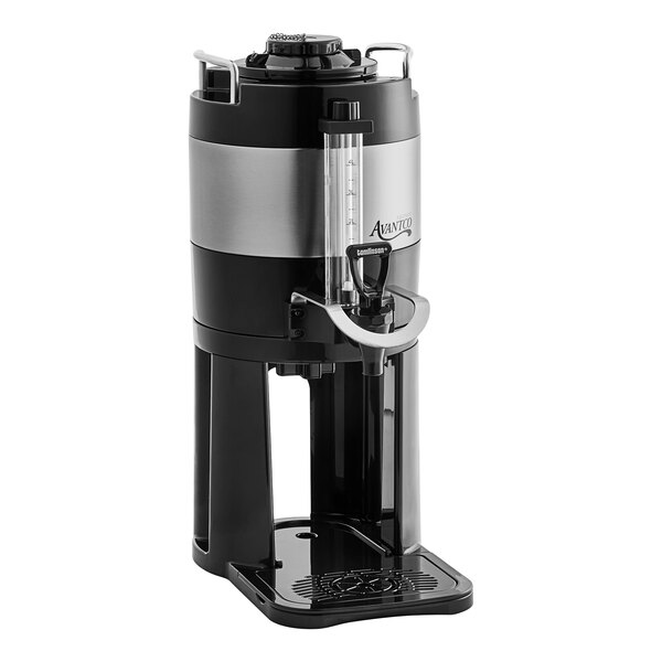An Avantco black and silver coffee server with a stand.