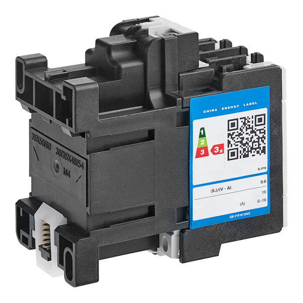 A close-up of a black Estella AC contactor with black and white connectors.