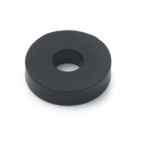 A black rubber round washer with a hole in the middle.