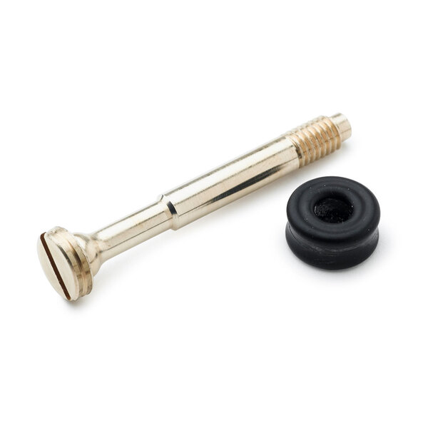A brass screw and black rubber washer for a T&S valve stem.