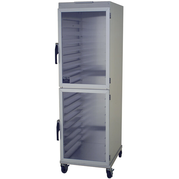 A white metal cabinet with clear shelves on wheels.