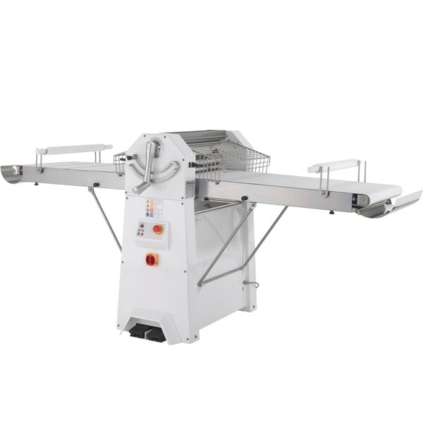 A white Doyon floor dough sheeter with a metal blade and a handle on the side.