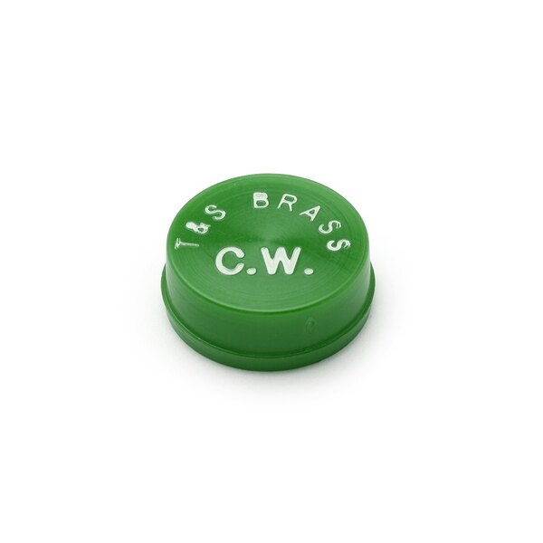 A green plastic T&S snap-in index button with white text that says "CW"