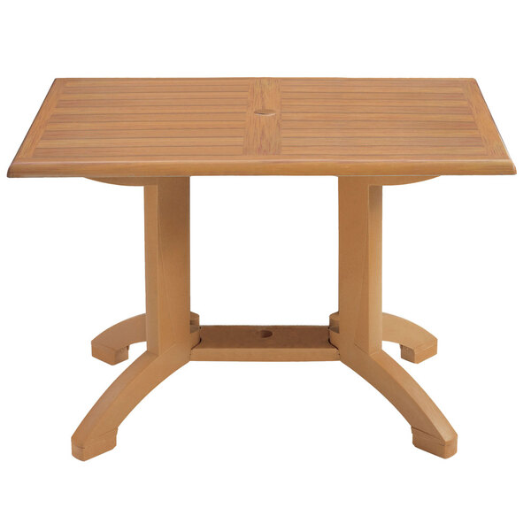 Grosfillex UT385008 Winston 48" x 32" Teak Decor Rectangular Molded Melamine Pedestal Table with Umbrella Hole