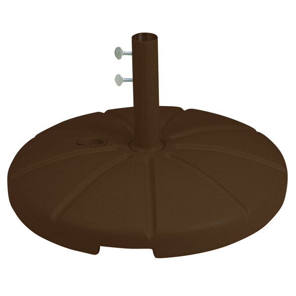 A brown plastic Grosfillex umbrella base with a screw on top.