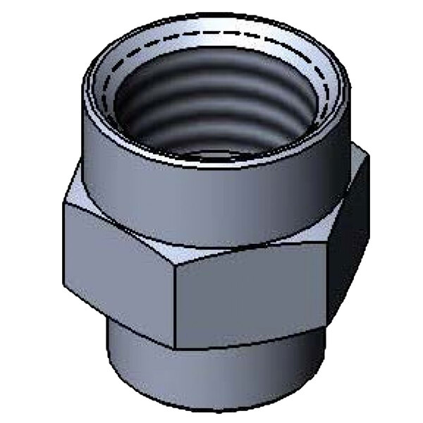 A black threaded T&S coupling with 3/8" and 1/2" NPT female connections.