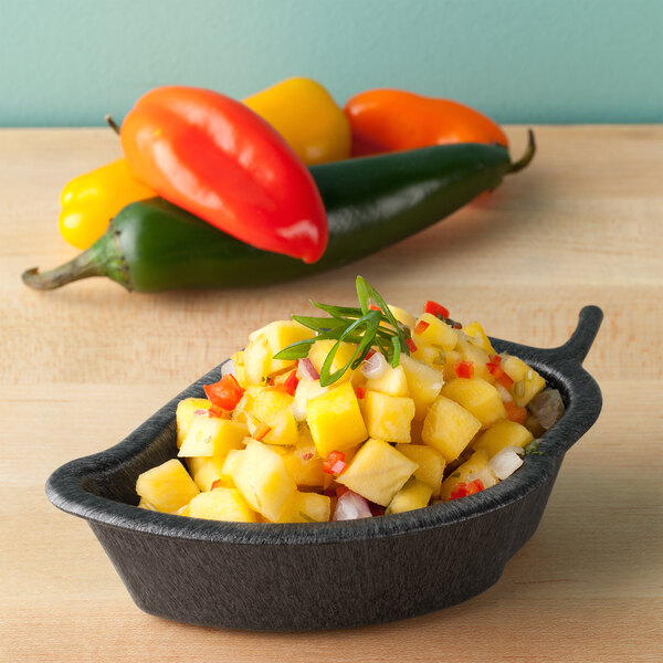 A Charcoal Polyethylene bowl of fruit salsa with red and yellow peppers and onions.