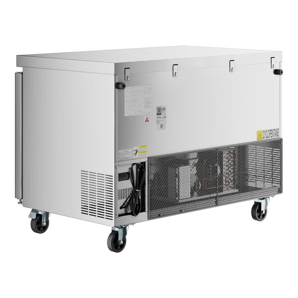 An Avantco stainless steel undercounter refrigerator on wheels.