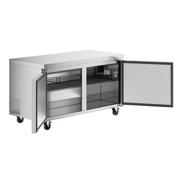 An undercounter refrigerator with two open doors and interior shelving, mounted on wheels.