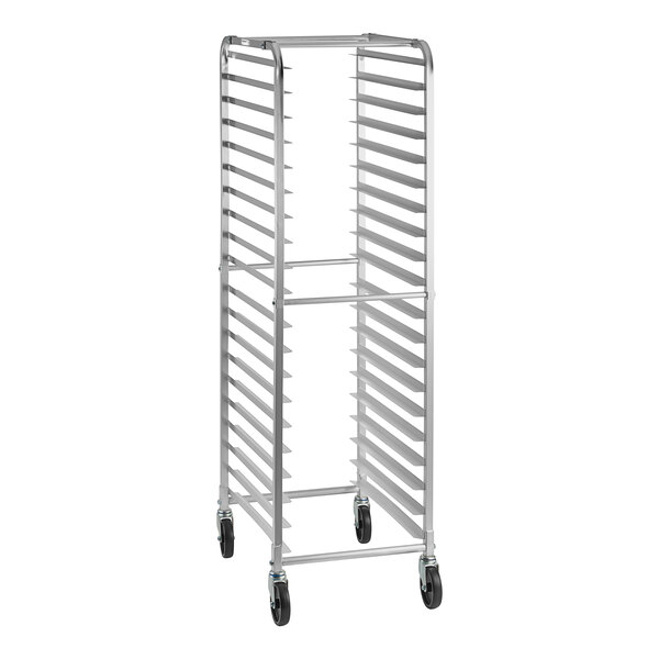 A tall, metal rack with multiple horizontal slots and four caster wheels at the base.