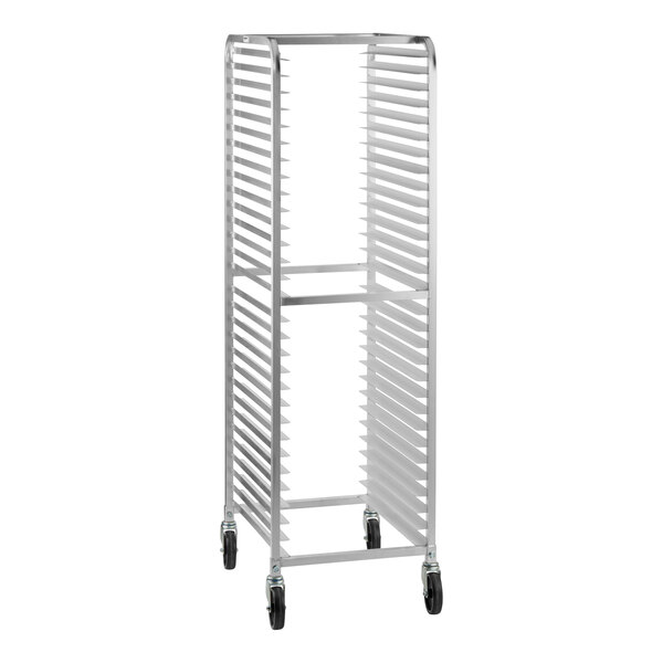 A tall, metal rack with multiple horizontal slots and four caster wheels, designed for holding trays or pans.
