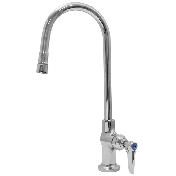 A silver Advance Tabco deck-mounted faucet with a blue lever handle.