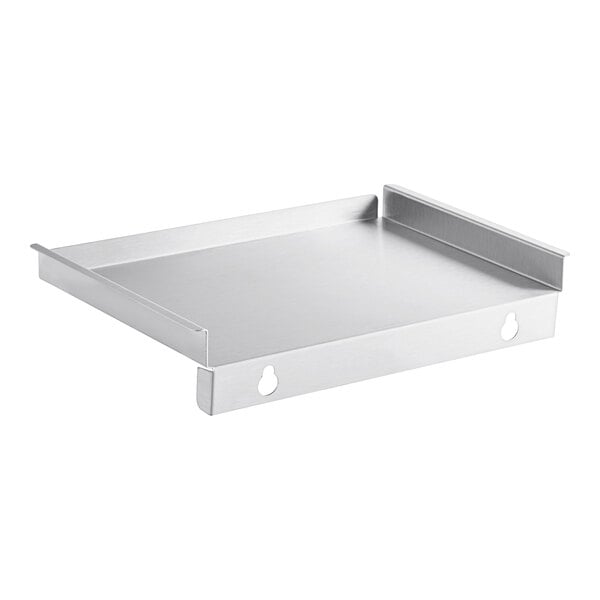 A silver metal Avantco back catch plate with two holes.