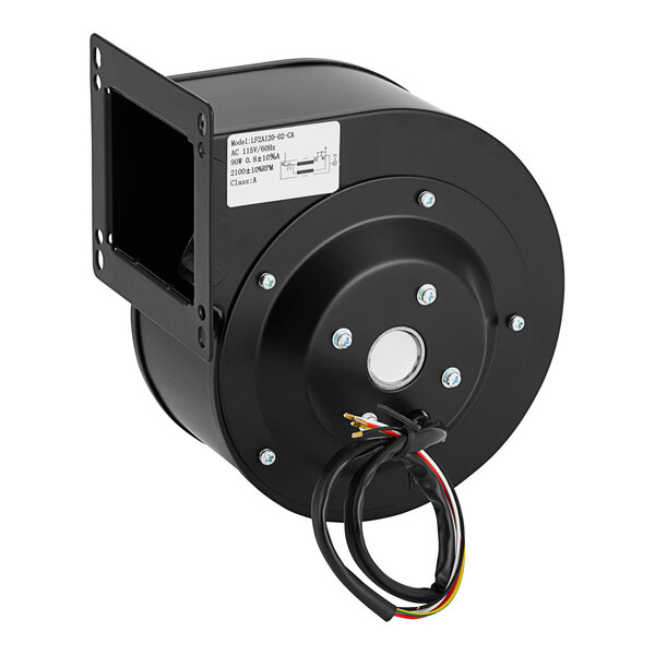 A black round metal Noble Products heating fan motor with wires.