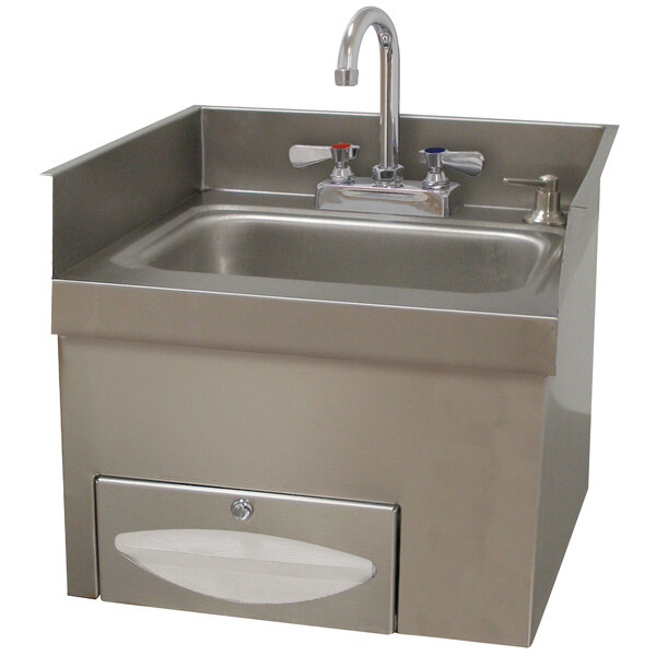A stainless steel Advance Tabco hand sink with a deck mounted faucet.