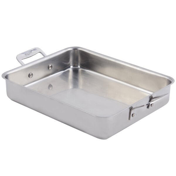 A silver stainless steel rectangular Bon Chef roasting pan with handles.