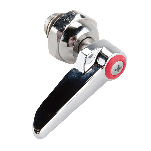 A T&S chrome and red hot spindle assembly handle.