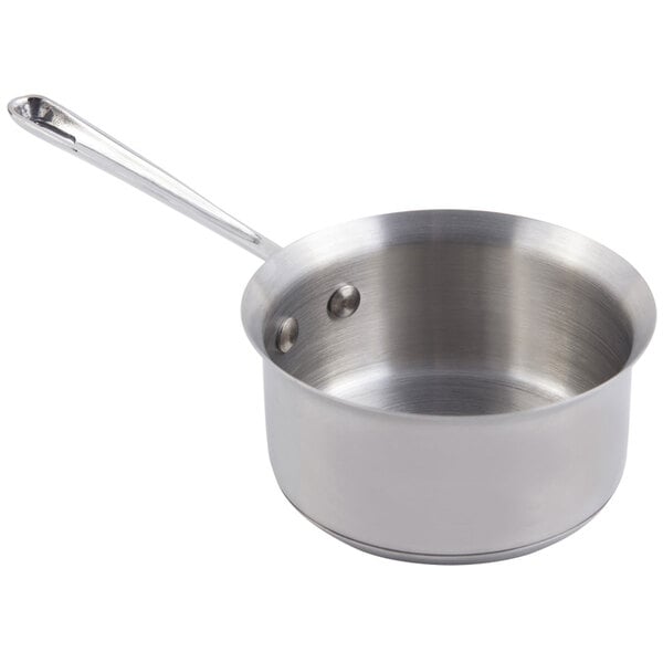 A Bon Chef stainless steel saucepan with a handle.