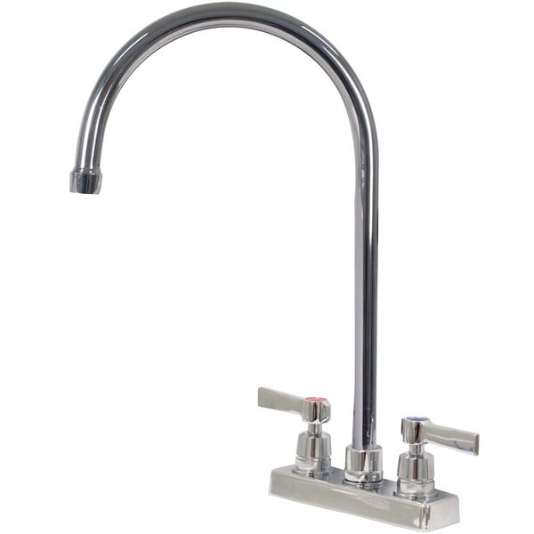A chrome Advance Tabco deck-mounted faucet with lever handles and a gooseneck nozzle.