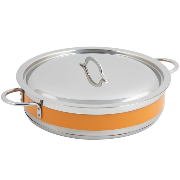 A Bon Chef stainless steel brazier pot with an orange exterior and cover.