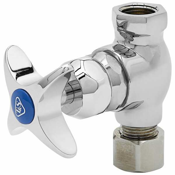 A chrome plated T&S valve union assembly with a blue handle.