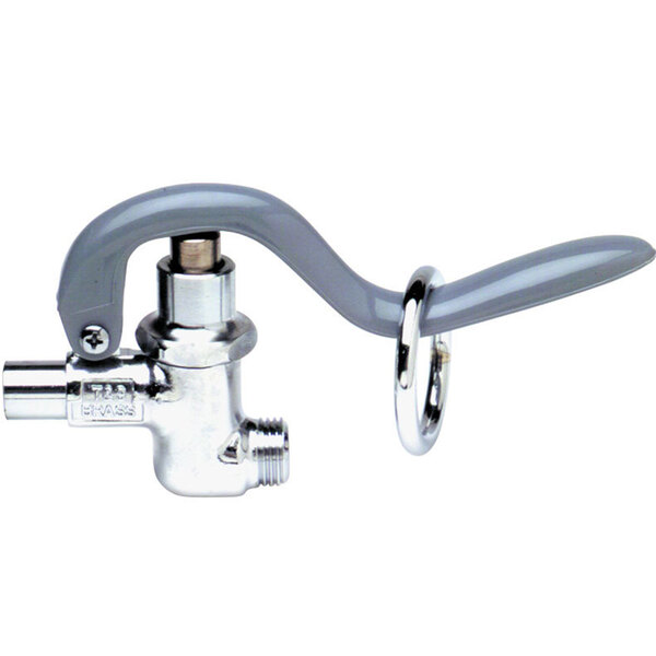 A T&S chrome straight squeeze spray valve with a handle.