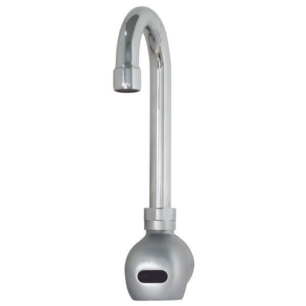A silver Advance Tabco hands-free wall mount faucet with a black sensor.