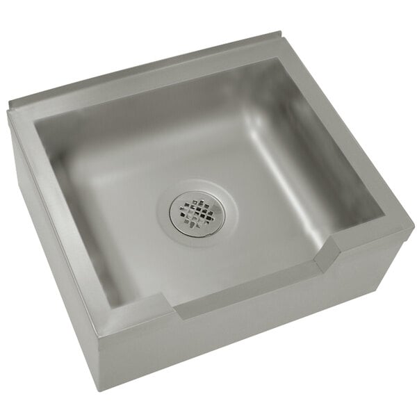 A silver stainless steel floor mounted mop sink with a notched front and drain.