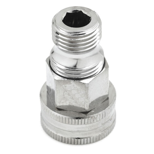 A T&S stainless steel adapter with 3/4" GH female and 1/2" NPT male connections.