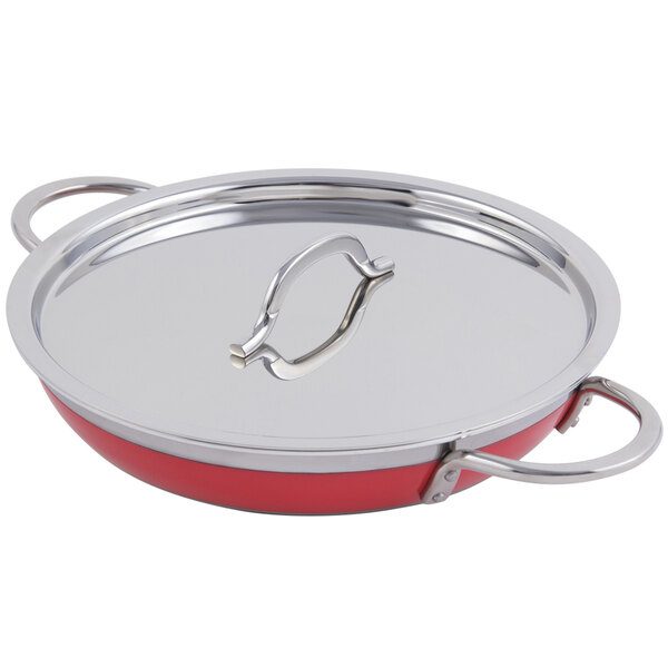 A red and stainless steel Bon Chef saute pan with a lid and double handles.