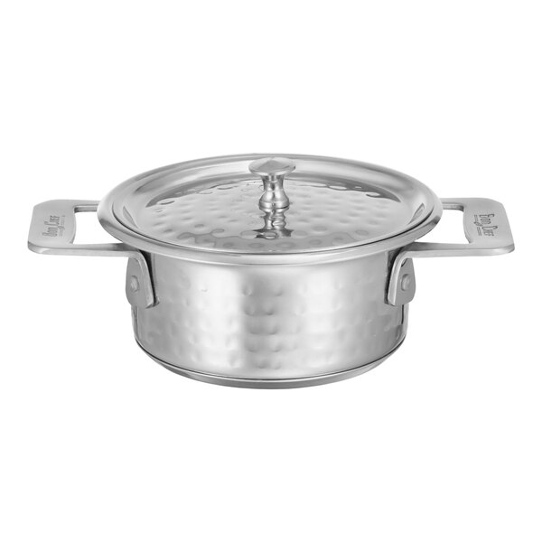 Bon Chef 60021HF Cucina 11 oz. Hammered Finish Stainless Steel Round Side Dish with Lid