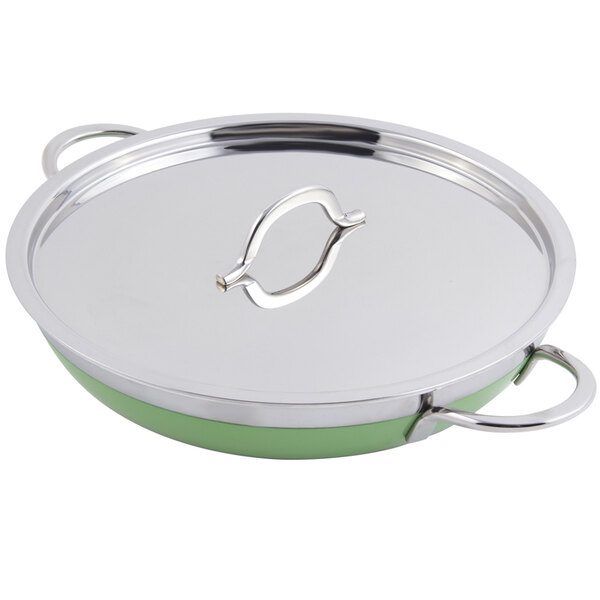 A green Bon Chef saute pan with double metal handles and a lid.