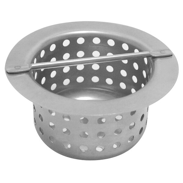 A silver metal Advance Tabco floor trough drain strainer basket with a handle and holes.