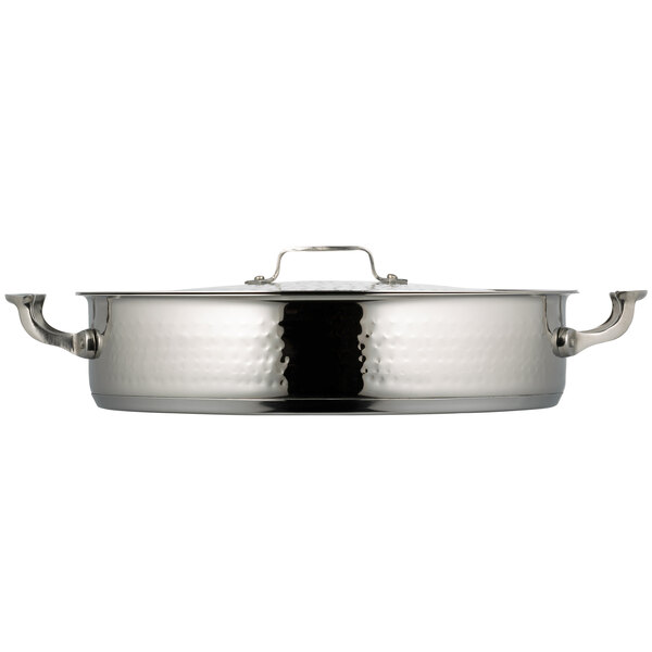 A silver Bon Chef Cucina pot with a hammered finish and a lid.