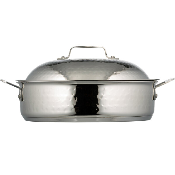A Bon Chef stainless steel saute pan with a lid.