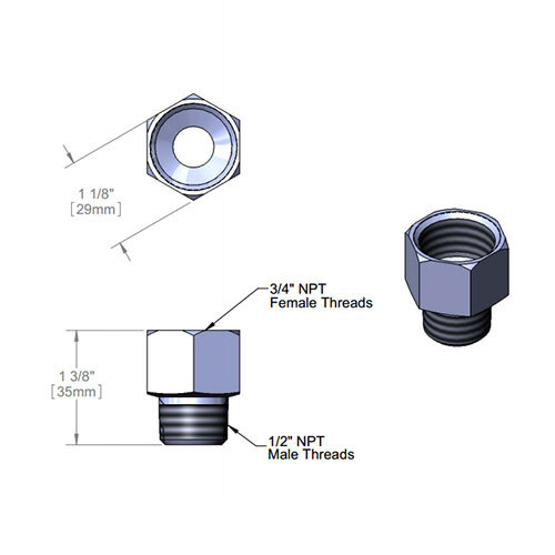 A diagram of a T&S adapter with 3/4" NPT female and 1/2" NPT male connections.