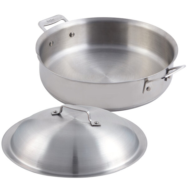 A stainless steel Bon Chef Cucina saute pan with a lid.