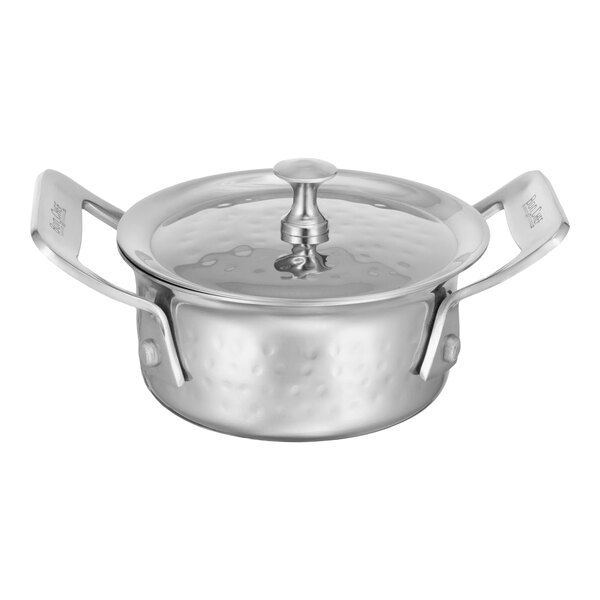 Bon Chef 60026HF Cucina 8 oz. Hammered Finish Stainless Steel Round Dish with Lid