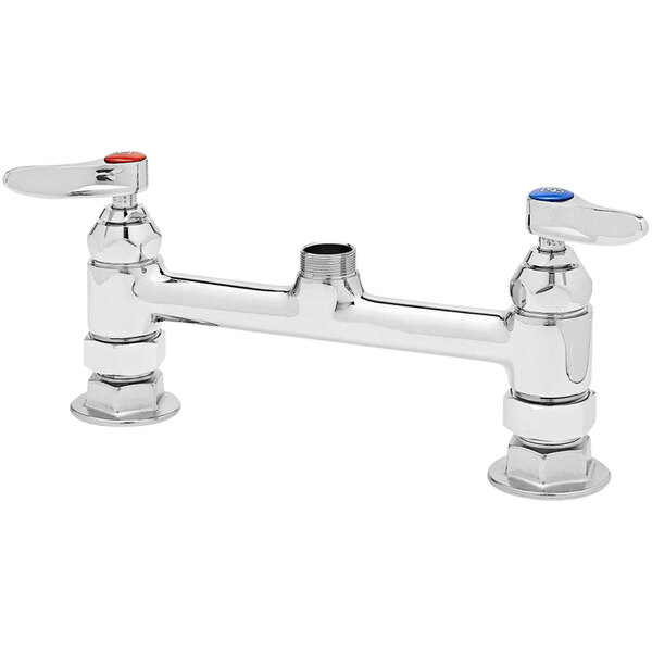 A chrome T&S faucet base for lever handles with red and blue accents.