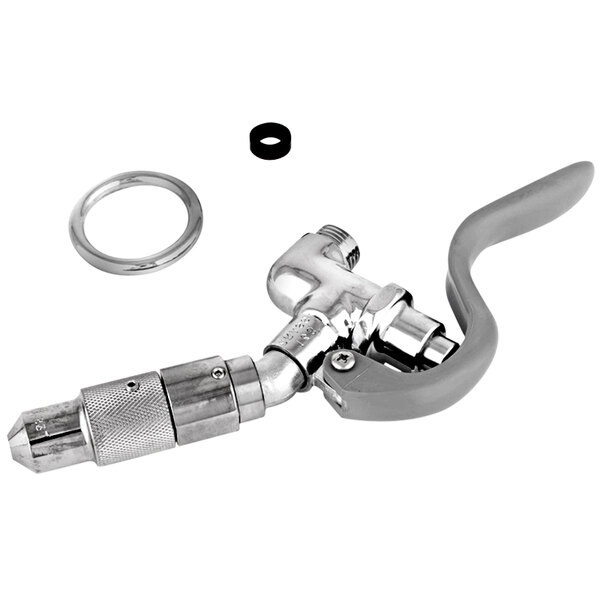 A silver metal T&S spray valve assembly with a metal hose and ring.